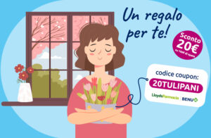 Immagine promozionale per un coupon di 20€ di sconto sun 100€ di spesa fino al fino al 28 marzo. Nome del coupon: 20TULIPANI in maiuscolo. Immagine di una donna che tiene in mano dei tulipani.
