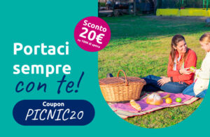 Immagine promozionale per coupon sconto PICNIC20 valido per uno sconto di 20€ su una spesa minima di 100€ e utilizzabile fino al 30 maggio.
